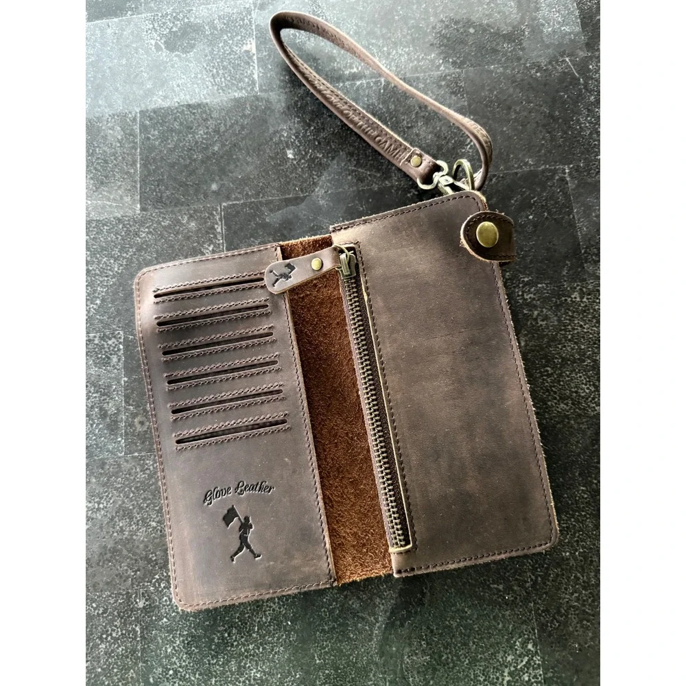 Glove Leather Baseball Wristlet‎ Wallet Brown 